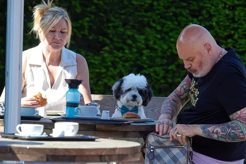 Cafe dog forlorn This is a candid street photograph taken at a cafe on a sunny summer morning. The main subject of the image is a dog, situated between two people who are sitting outdoors at a wooden table. The dog, wearing a blue scarf, is placed at the centre of attention and appears to be looking at something off camera, with food in front of him on a tray. The cafe scene includes typical elements such as coffee cups, plates, and a water bottle on the table. The background consists of lush green foliage, indicating the summer season. Visible tattoos on one of the people add personality to the moment. The image captures a tranquil slice of everyday life involving animals, specifically dogs, people, and the relaxed atmosphere of a cafe setting.